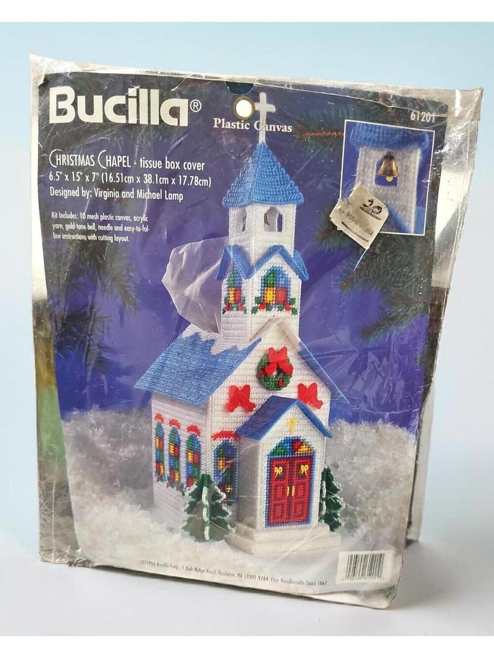 Bucilla Christmas Chapel Tissue Box Cover Kit 61201 – Sealed, Storage Wear, Read